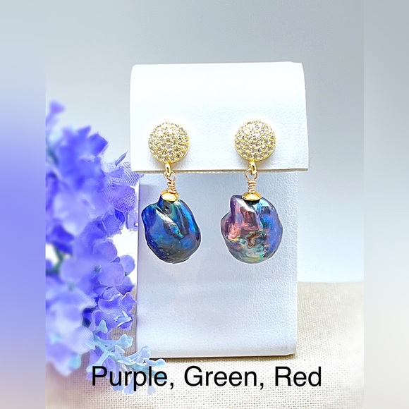 CZ Baroque Black Peacock Pearl Stud Dangles, Gold or Silver, Ships in Gift Box - Picture 6 of 10